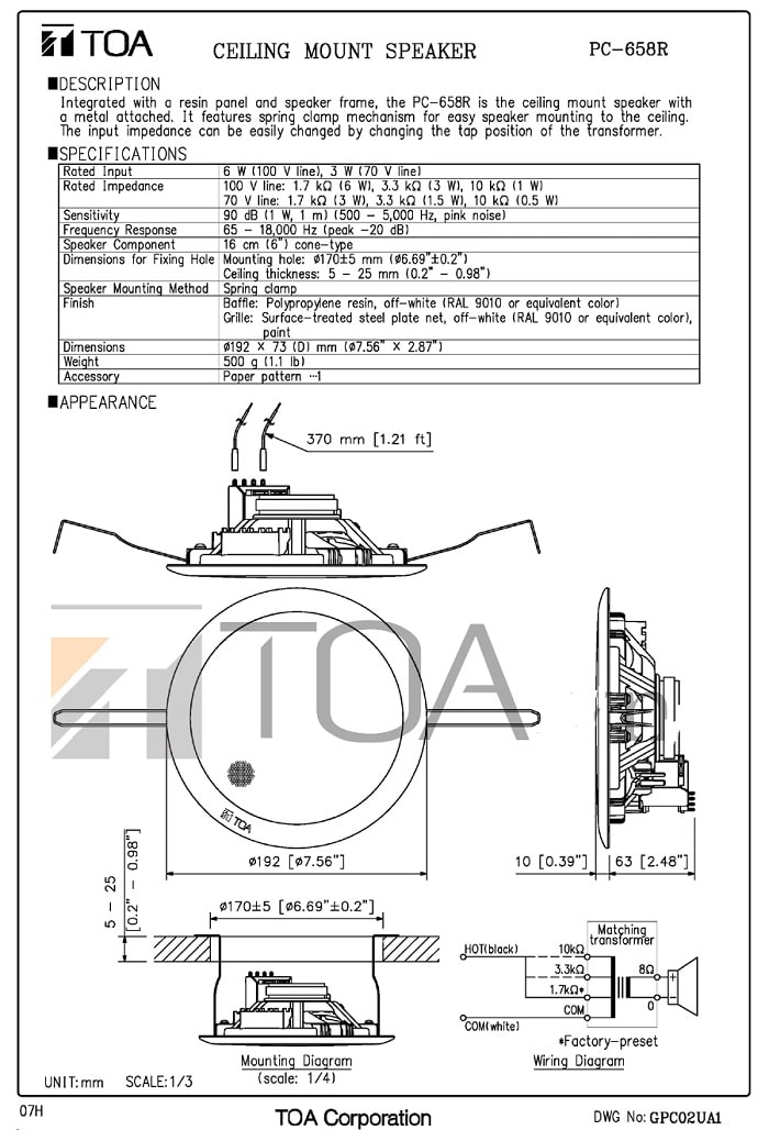 Catalog sản phẩm loa TOA PC 658R do nhà sản xuất cung cấp 